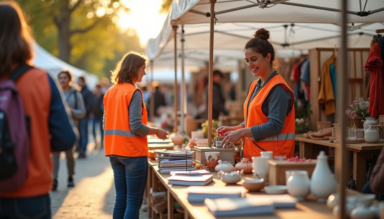 Stand d'un vide grenier solidaire à Tours Nord, avec des objets bien rangés et des bénévoles en gilet orange