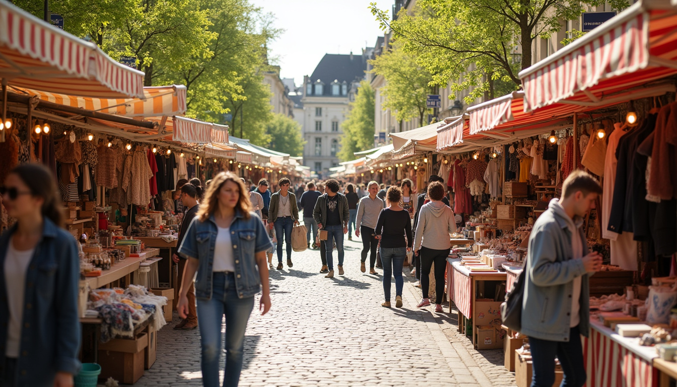 Vide-grenier animé à Laval durant le mois de mai 2026, avec de nombreux exposants et visiteurs en plein air
