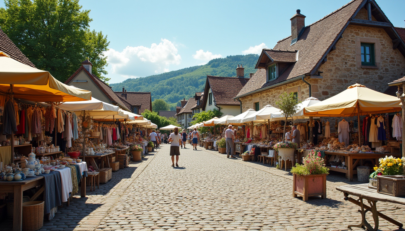 Vide-grenier dans la commune de Ranspach-le-Bas avec stands installés autour de la mairie