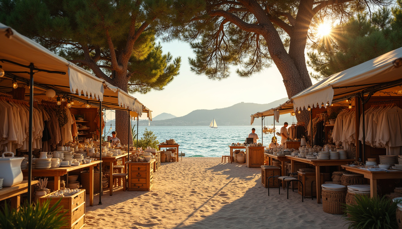 Vide-grenier en plein air avec stands sous les pins au bord du lac de Gujan-Mestras