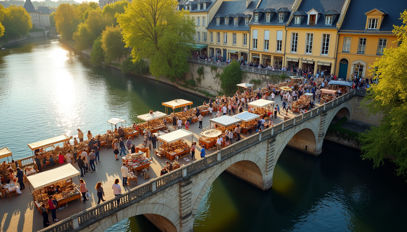 Vue aérienne de la brocante sur le pont Jacques-Gabriel à Blois avec des stands installés au-dessus de la Loire