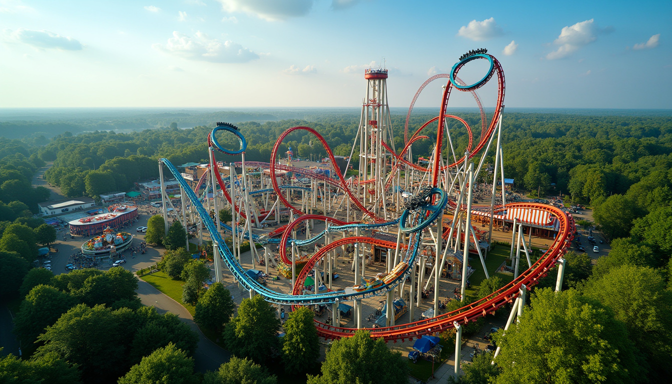 Vue aérienne des principales attractions de Walygator Agen, notamment le Boomerang et la Dark Tower