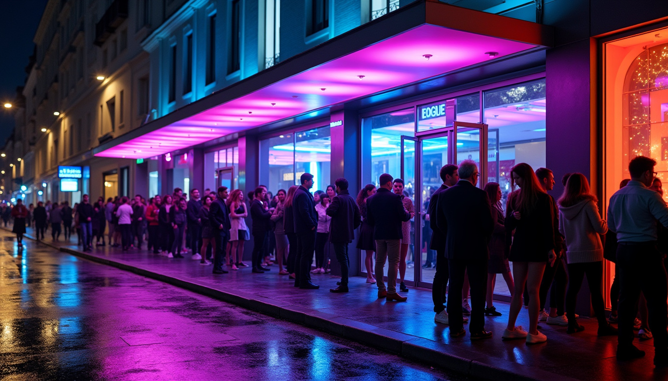 Vue extérieure d'une boîte de nuit à Paris en soirée, avec file d'attente et éclairage artistique