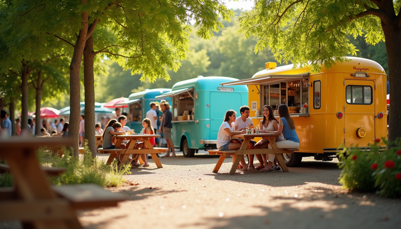 Zone de restauration en plein air à Walygator Agen, avec food trucks et tables sous les arbres