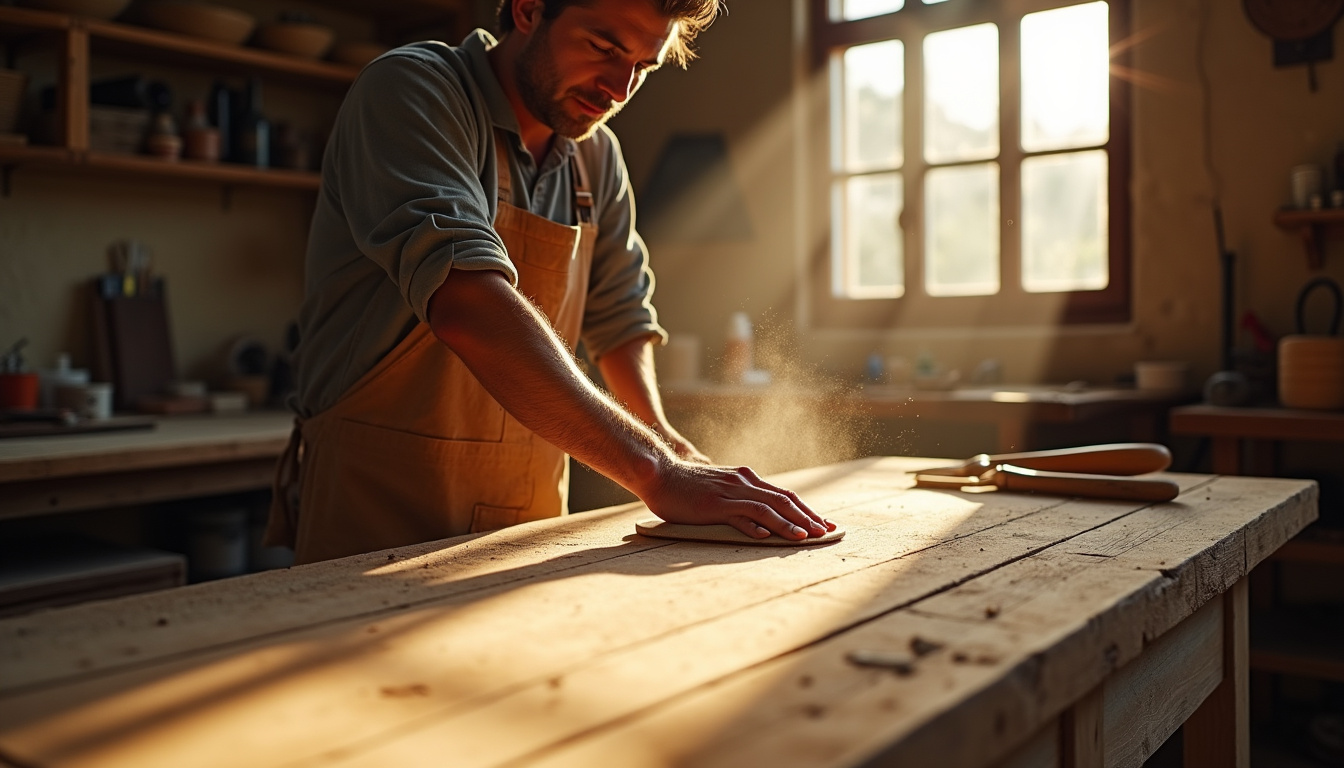 Atelier de restauration de meubles anciens à Tournus, artisan en train de poncer une table en bois