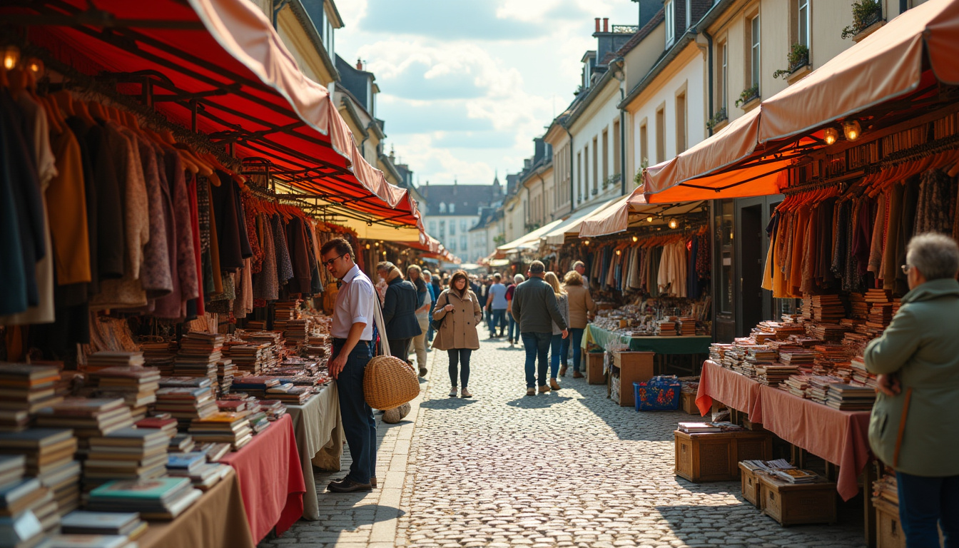 Marché aux puces de Strasbourg en plein air, avec stands de vêtements, livres et objets vintage